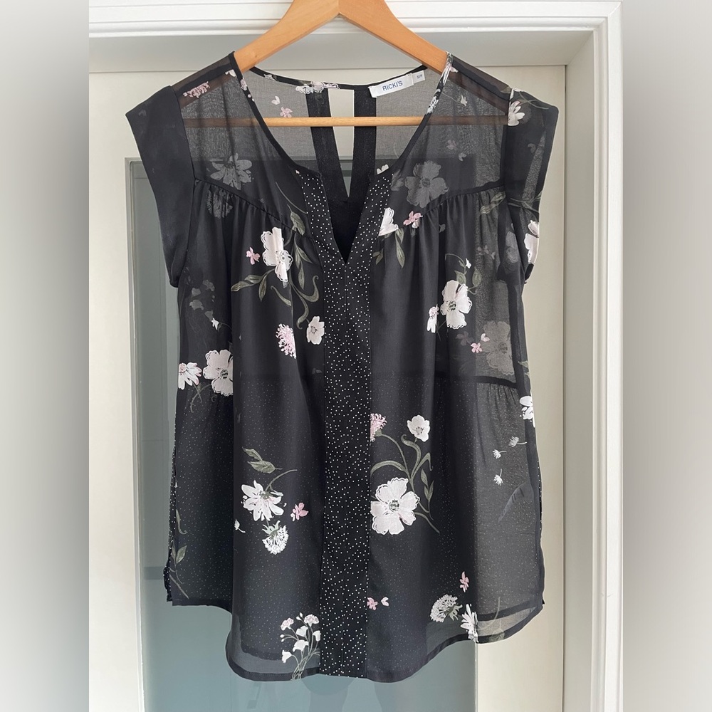 Sheer Floral/Pindot Sleeveless Top, S